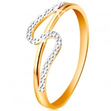 Inel cu diamante, realizat din aur de 14K, braţe drepte şi ondulate, diamante 
