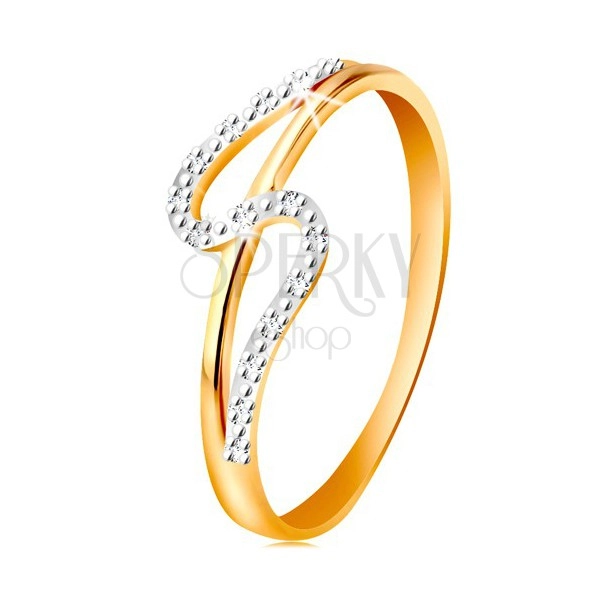 Inel cu diamante, realizat din aur de 14K, braţe drepte şi ondulate, diamante 