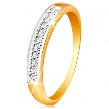 Inel realizat din aur de 14K - bandă lucioasă realizată din zirconii transparente cu margine din aur alb