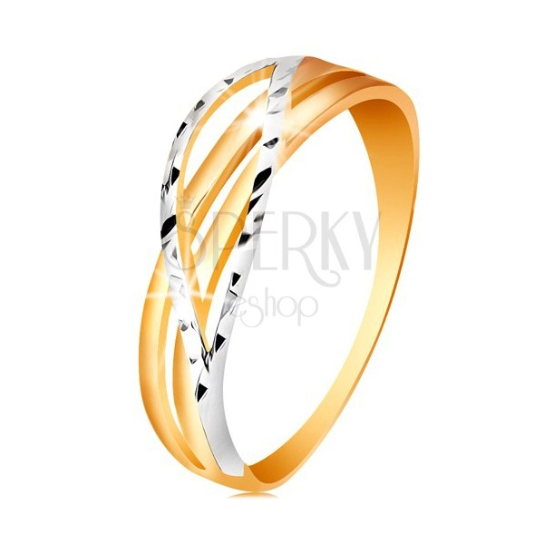 Inel bicolor, realizat din aur de 14K - braţe despicate cu linii ondulate, crestături 