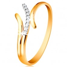 Inel realizat din aur galben de 14K, braţe cu linii ondulate, bicolore, zirconii transparent, încorporate