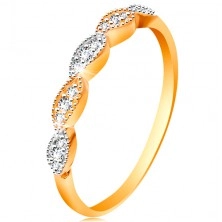 Inel realizat din aur de 14K, bobiţe în două culori cu zirconii încorporate, braţe lucioase