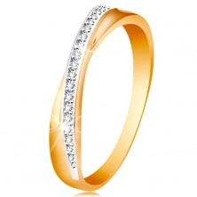 Inel realizat din aur de 14K -dungă intersectată, netedă şi lucioasă cu zirconii 