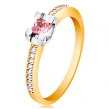 Inel din aur 14K - brațe strălucitoare, zirconiu roz, rotund în montură din aur alb