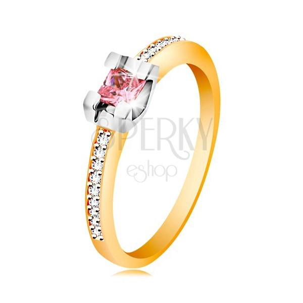 Inel din aur 14K - brațe strălucitoare, zirconiu roz, rotund în montură din aur alb