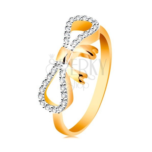 Inel realizat din aur de 14K - fundă decorată cu zirconii şi aur alb, braţe înguste