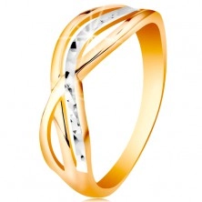 Inel din aur 14K în două culori - brațe ondulate și despărțite, crestături