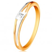 Inel din aur 14K - zirconiu transparent şi rotund în romb, braţe bicolore, separate
