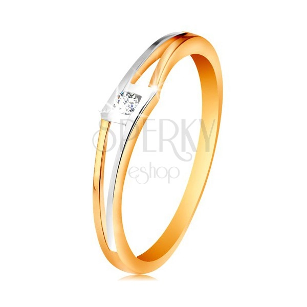 Inel din aur 14K - zirconiu transparent şi rotund în romb, braţe bicolore, separate