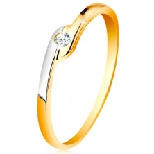 Inel din aur de 14K - zirconiu rotund şi transparent, braţe cu capete bicolore
