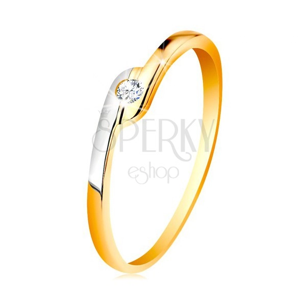 Inel din aur de 14K - zirconiu rotund şi transparent, braţe cu capete bicolore