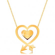Colier din aur galben de 9K - lanţ subţire, contur inimă compus din săgeată şi inimă