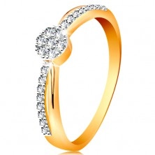 Inel de logodnă din aur de 14K  braţe bicolore, floare rotundă din zirconii
