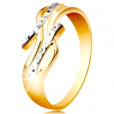 Inel din aur de 14K - bicolor, braţe separate şi ondulate, crestături