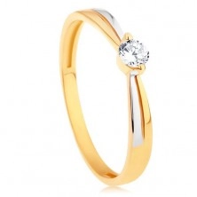 Inel de logodnă din aur de 14K - braţe bicolore, zirconiu rotund şi transparent