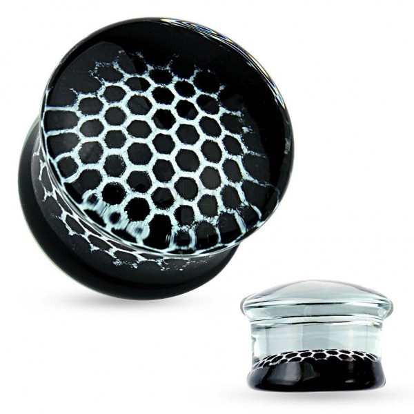 Plug transparent pentru ureche, realizat din sticlă, model fagure de miere negru cu alb 