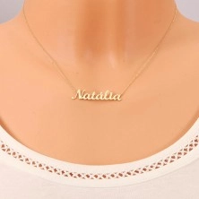 Colier din aur de 14K - lanț subțire compus din zale ovale, pandantiv cu numele Natalia