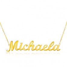 Colier din aur galben de 14K - lanț subțire compus din zale ovale, pandantiv cu numele Michaela