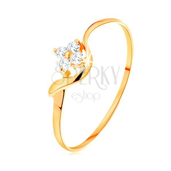 Inel din aur de 14K - floare din diamante transparente, braţ ondulat