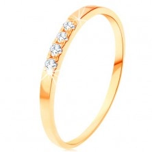 Inel din aur 585 - linie cu patru diamante transparente, brațe subțiri