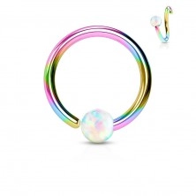 Piercing din oțel inoxidabil, cerc lucios în culorile curcubeului cu bilă din opal sintetic