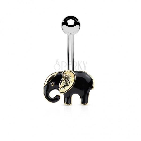 Piercing pentru buric, din oţel chirurgical, elefant negru-auriu