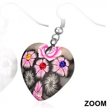 Cercei din FIMO, inimă gri cu flori roz și zirconii