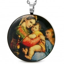 Pandantiv din oţel 316L - imagine rotundă a Sfintei Maria cu copil în braţe