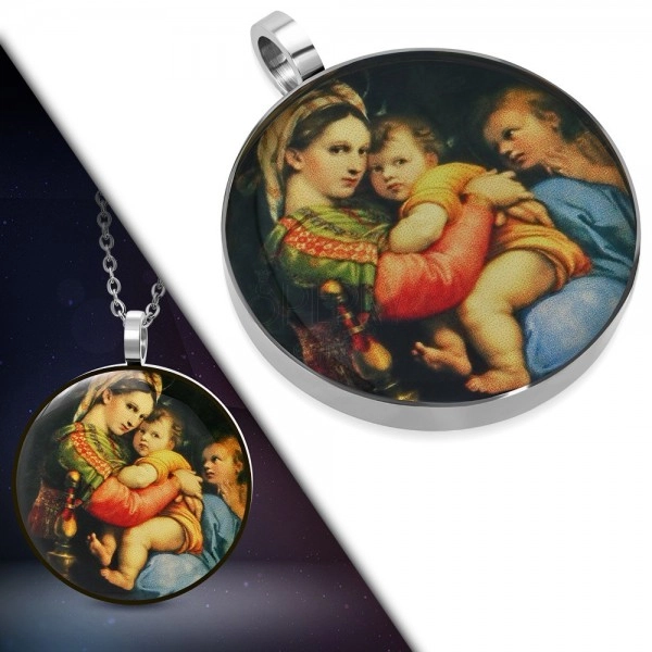 Pandantiv din oţel 316L - imagine rotundă a Sfintei Maria cu copil în braţe