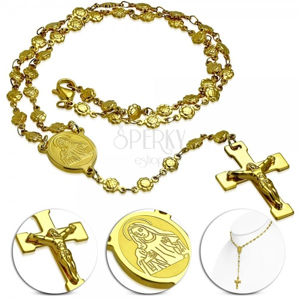 Colier auriu din oțel cu medalion cu Fecioara Maria și cruce