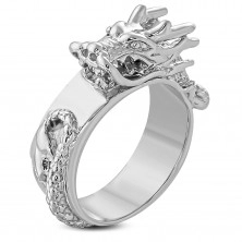 Inel argintiu masiv din oțel, dragon chinezesc proeminent și lucios
