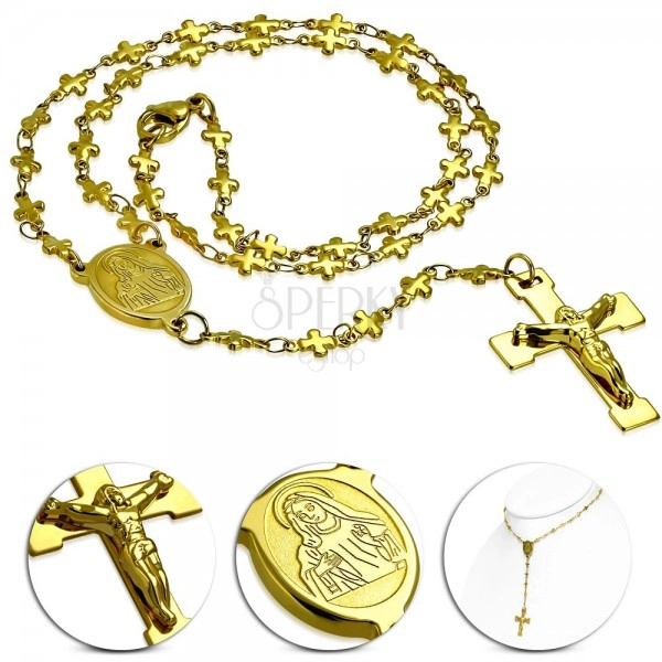 Colier auriu din oţel 316L cu medalion Sfânta Maria şi cruce