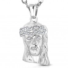 Pandantiv argintiu din oţel, capul lui Iisus Hristos, coroană cu spini compusă din zirconii 