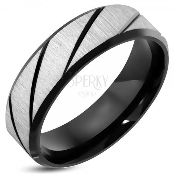 Inel din oţel de 316L, cu suprafaţă şlefuită, bandă neagră, diagonală,  7 mm