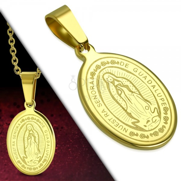Pandantiv auriu din oțel, medalion oval cu Fecioara Maria și inscripție