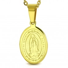 Pandantiv auriu din oțel, medalion oval cu Fecioara Maria și inscripție