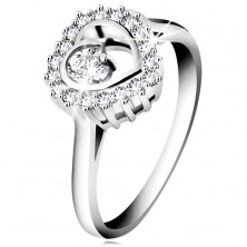 Inel din argint 925 placat cu rodiu, contur transparent de inimă cu un zirconiu rotund în interior