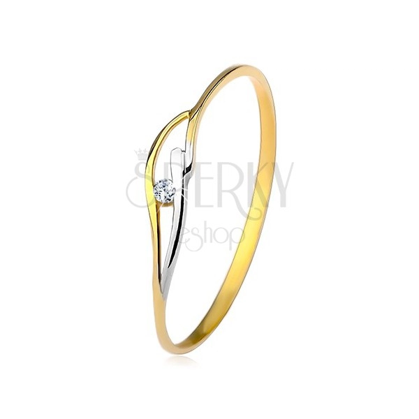 Inel din aur galben şi alb de 9K, braţe subţiri şi valuri, zircon transparent 