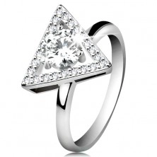 Inel din argint 925 - contur triunghi cu zirconii, zirconiu transparent în mijloc