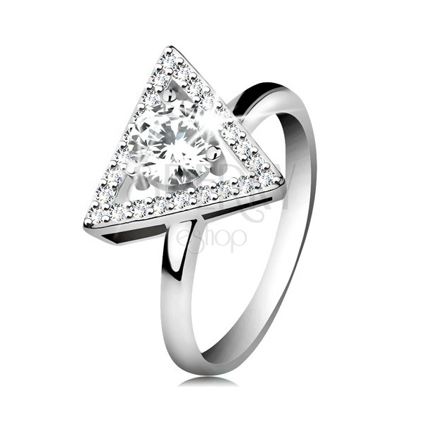 Inel din argint 925 - contur triunghi cu zirconii, zirconiu transparent în mijloc