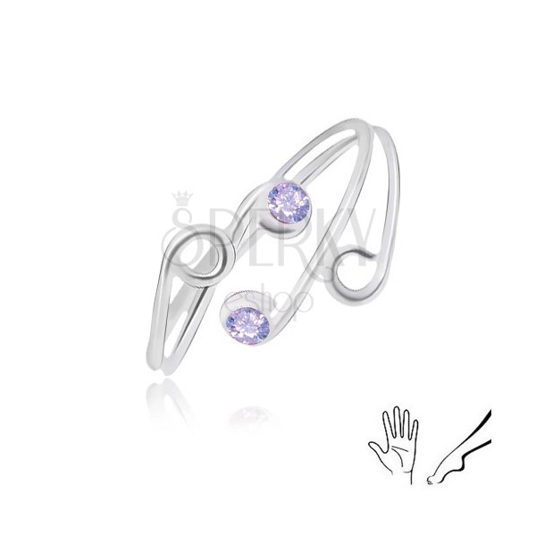 Inel din argint 925 pentru mână sau picior, brațe subțiri cu zirconii violet