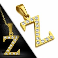 Pandantiv auriu din oțel, litera Z încrustată cu zirconii transparente