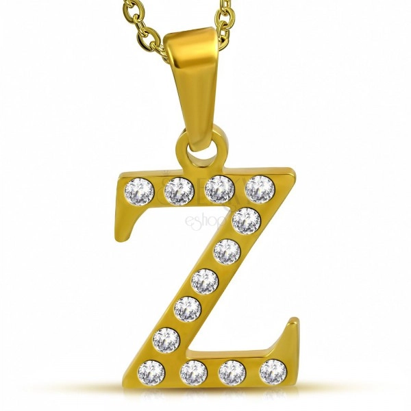 Pandantiv auriu din oțel, litera Z încrustată cu zirconii transparente