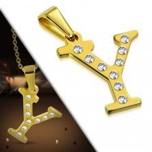 Pandantiv auriu din oțel, litera Y încrustată cu zirconii transparente