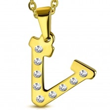 Pandantiv auriu din oțel, litera V încrustată cu zirconii transparente