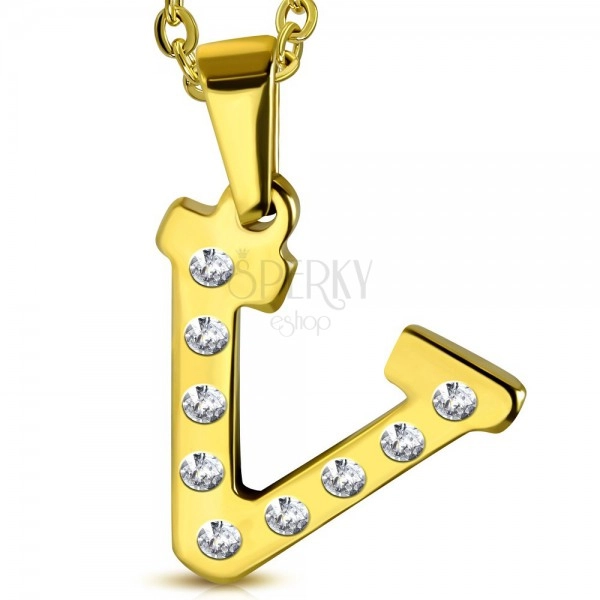 Pandantiv auriu din oțel, litera V încrustată cu zirconii transparente