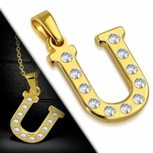 Pandantiv auriu din oțel, litera U încrustată cu zirconii transparente