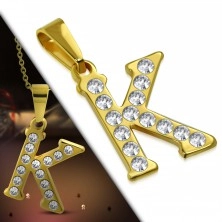 Pandantiv auriu din oțel, litera K încrustată cu zirconii transparente