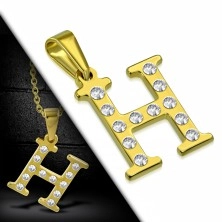 Pandantiv auriu din oțel, litera H încrustată cu zirconii transparente