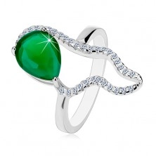 Inel din argint 925 - zirconiu mare verde în formă de lacrimă, contur asimetric transparent